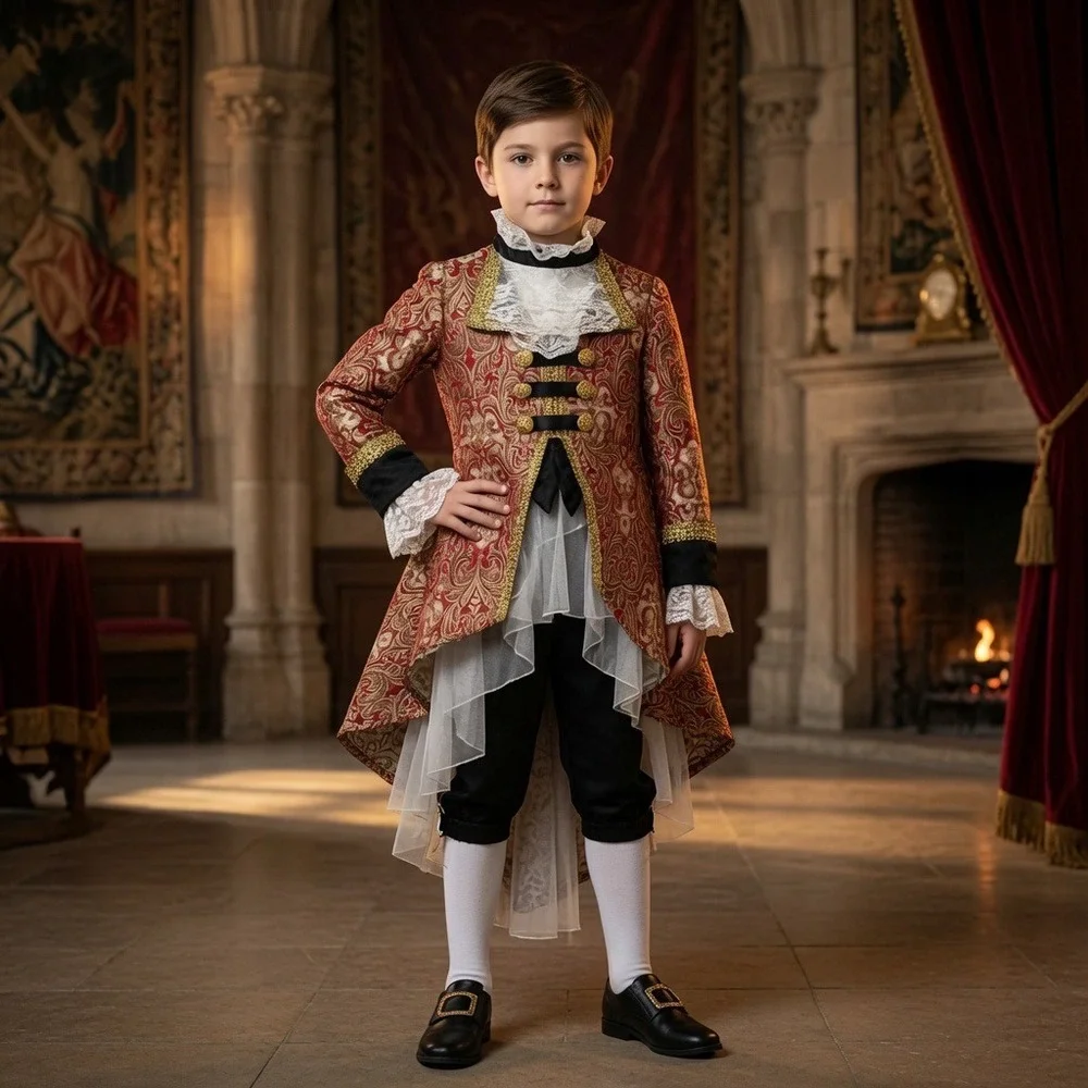 Chasing Fireflies Costume Jacket Boys Size 6 Red Gold Brocade Victorian Prince
